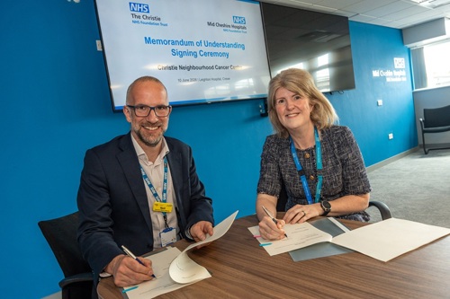 A photo of Dr Neil Bayman, Medical Director and Deputy Chief Executive of The Christie NHS Foundation Trust and Dr Clare Hammell, Chief Medical Officer and Deputy Chief Executive Officer at Mid Cheshire Hospitals NHS Foundation Trust.