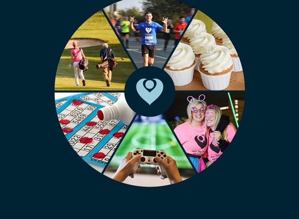 A graphic representing The Christie Charity Challenge, displaying a man running, cupcakes, 2 women in neon clothing, a games console, a bingo card, and 2 people playing golf.