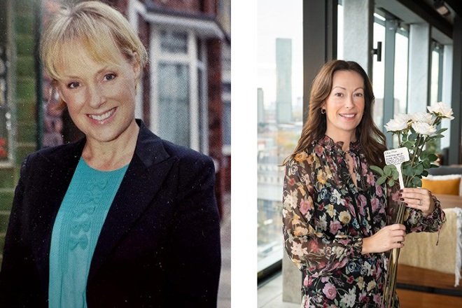 On the left, a photo of Coronation St actor Sally Dynevor; on the right, a photo of Emma Neville holding white roses.