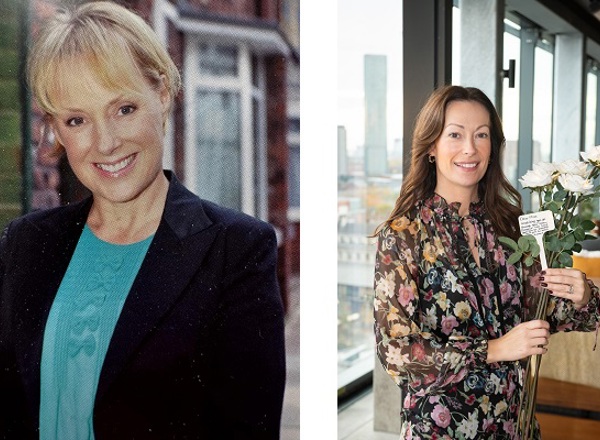 On the left, a photo of Coronation St actor Sally Dynevor; on the right, a photo of Emma Neville holding white roses.